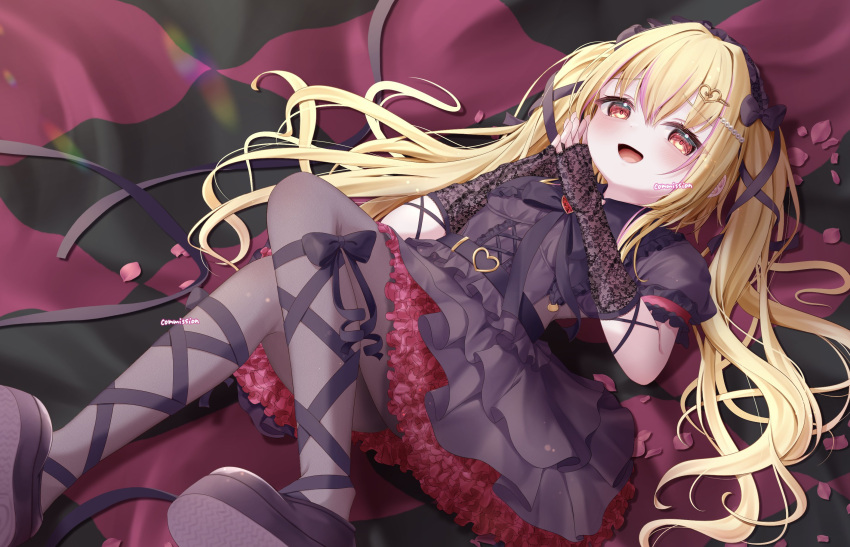 1girl, black_dress, black_gloves, black_pantyhose, black_ribbon, blonde_hair, commission, dress