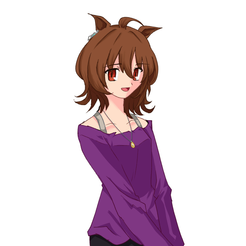 1girl, agnes_tachyon_(umamusume), ahoge, animal_ears, bare_shoulders, black_pants, brown_hair, casual
