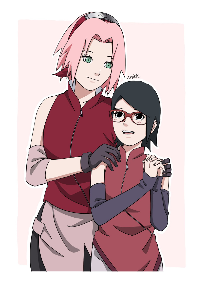 2girls, :d, black_eyes, black_gloves, black_hair, boruto:_naruto_next_generations, closed_mouth, detached_sleeves, glasses, gloves, green_eyes, hands_on_another's_shoulders, haruno_sakura, highres, interlocked_fingers, looking_at_another, mother_and_daughter, multiple_girls, naruto_(series), naruto_shippuuden, open_mouth, own_hands_together, pink_hair, red_shirt, shirt, sleeveless, sleeveless_shirt, smile, teeth, time_paradox, uchiha_sarada, upper_teeth_only, weibinln, zipper_pull_tab