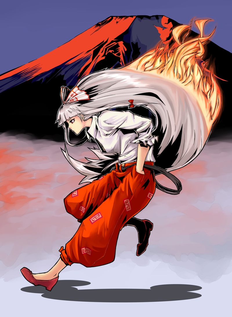 362_(mimuni), bad_id, bow, fire, fujiwara_no_mokou, hair_bow, hands_in_pockets, long_hair