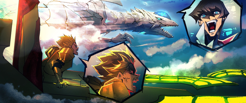 2boys, above_clouds, aircraft, airplane, anger_vein, armor, black_shirt, blonde_hair