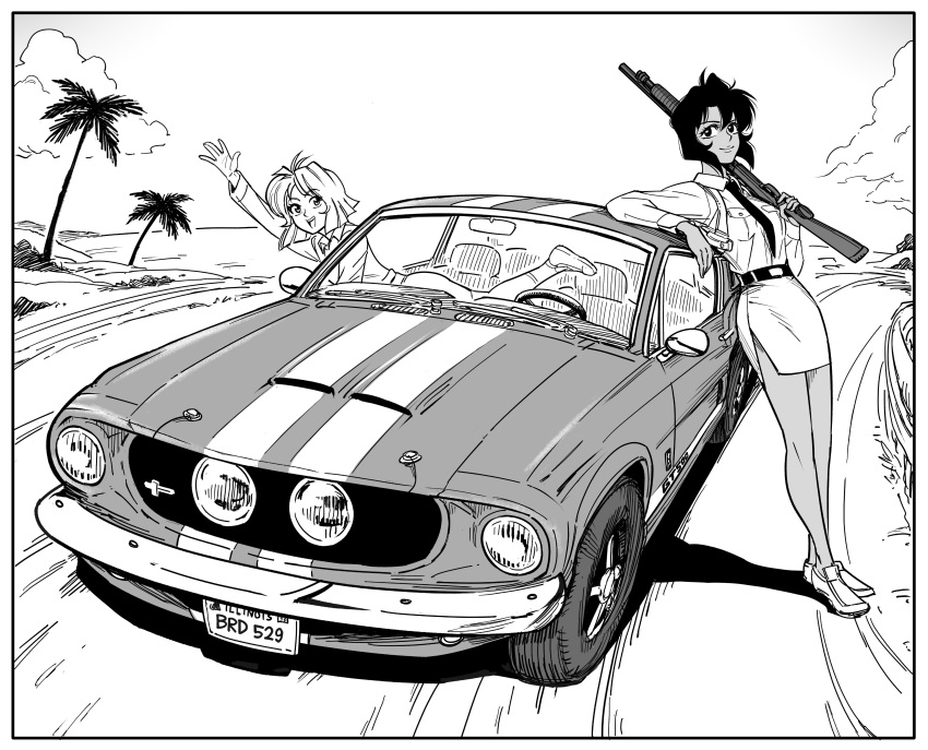 2girls, absurdres, bb_(baalbuddy), belt, car, closed_mouth, commentary, commission