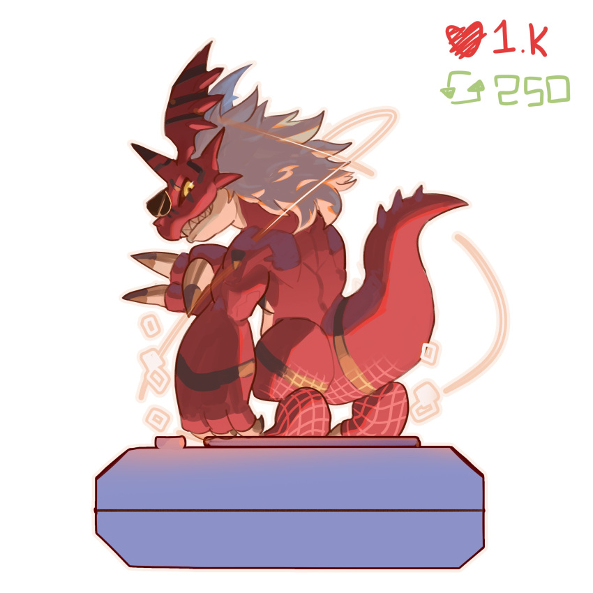 765_nanami, absurdres, digimon, digimon_(creature), digimon_(virtual_pet), dragon, full_body, growmon, growmon_x-antibody, highres, horns, long_hair, no_humans, simple_background, virtual_pet_(toy), white_background, white_hair, wireframe, yellow_eyes