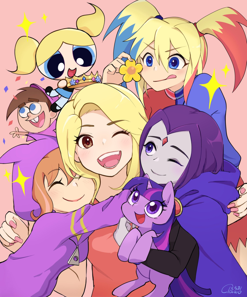1boy, 6+girls, ;d, animification, barbara_gordon, blonde_hair, bubbles_(ppg), cartoon_network, commentary, crossover, crown, dc_comics, dc_super_hero_girls, english_commentary, english_text, flower, forehead_jewel, group_hug, happy_birthday, harley_quinn, hasbro, highres, hood, hoodie, horns, hug, looking_at_viewer, multicolored_hair, multiple_girls, my_little_pony, my_little_pony:_friendship_is_magic, nelvana, nickelodeon, one_eye_closed, open_mouth, orange_hair, powerpuff_girls, purple_hair, raven_(dc), real_life, single_horn, smile, tara_strong, teen_titans, textless_version, the_fairly_oddparents, timmy_turner, tongue, tongue_out, toon_(style), twilight_sparkle, twintails, two-tone_hair, unicorn, urucra, viacom, voice_actor_connection, warner_bros.