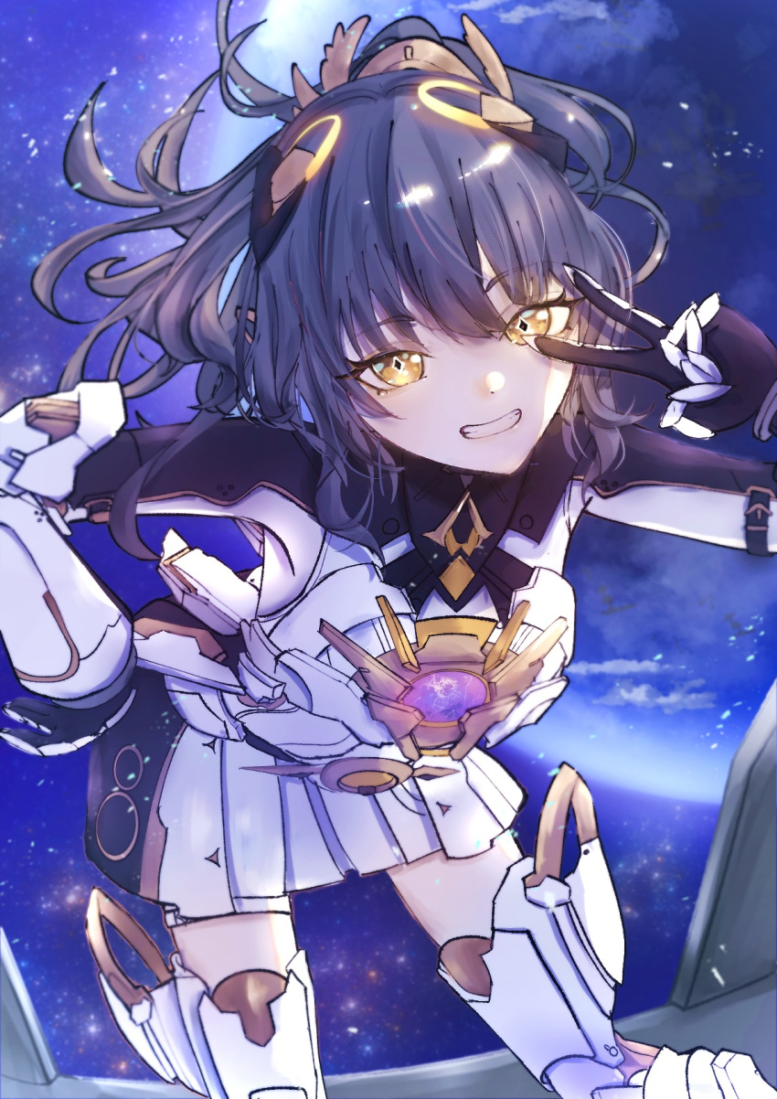1girl, black_hair, commentary_request, dress, grin, hair_ornament, highres, jewelry, leaning_forward, long_hair, looking_at_viewer, mechanical_legs, nanami:_startrail_(pgr), nanami_(pgr), pleated_skirt, ponytail, punishing:_gray_raven, skirt, smile, solo, symbol-shaped_pupils, tegumine, v, v_over_eye, white_dress, wing_hair_ornament, yellow_eyes