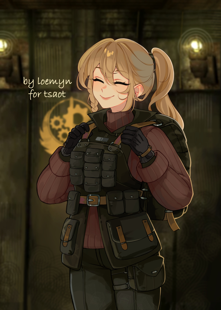 1girl, absurdres, blonde_hair, blurry, blurry_background, brotherhood_of_steel, closed_eyes, fallout