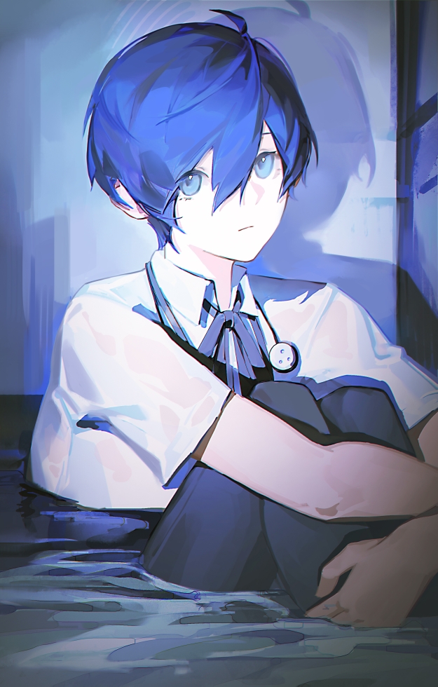 1boy, 44xxmm, :/, ahoge, black_pants, blue_eyes, blue_hair, blue_ribbon