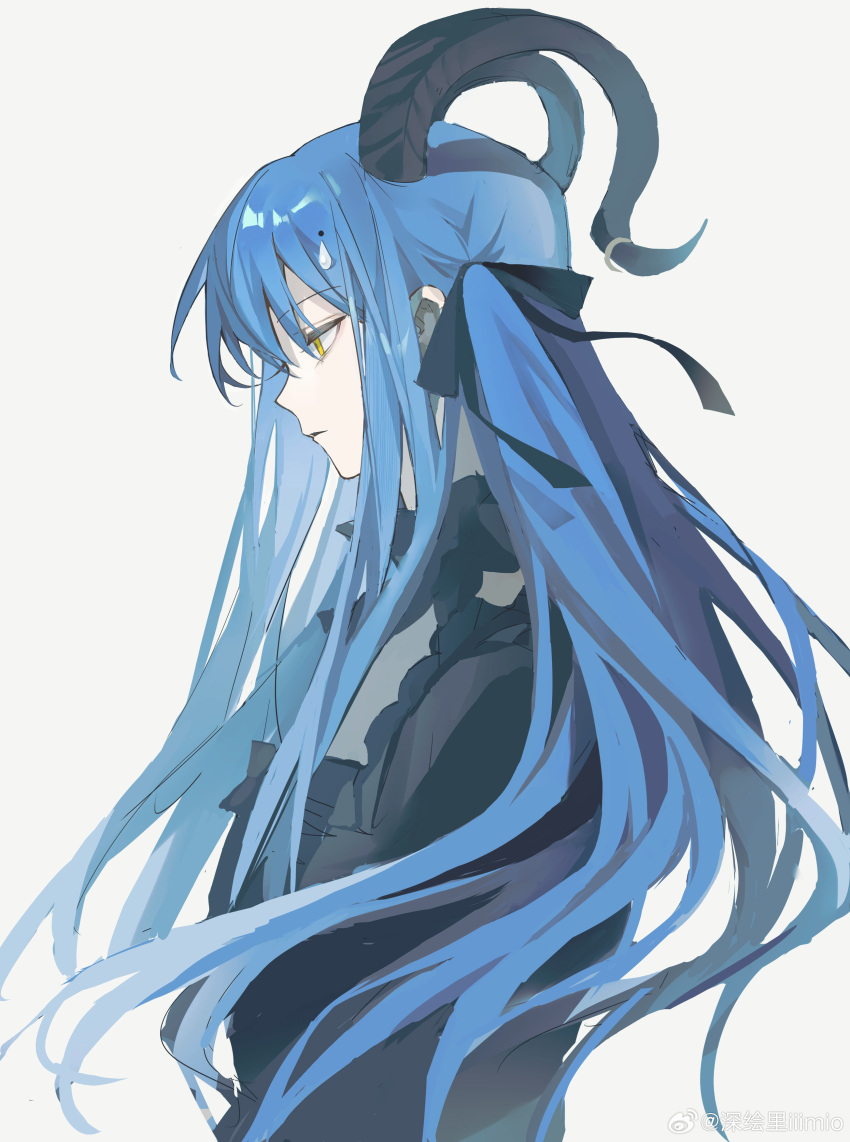 1girl, absurdres, arknights, bang_dream!, bang_dream!_it's_mygo!!!!!, black_horns, black_ribbon, blue_hair