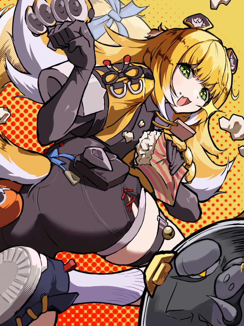 1girl, 1other, absurdres, animal_ear_fluff, animal_ears, black_shorts, blue_shoes, bow