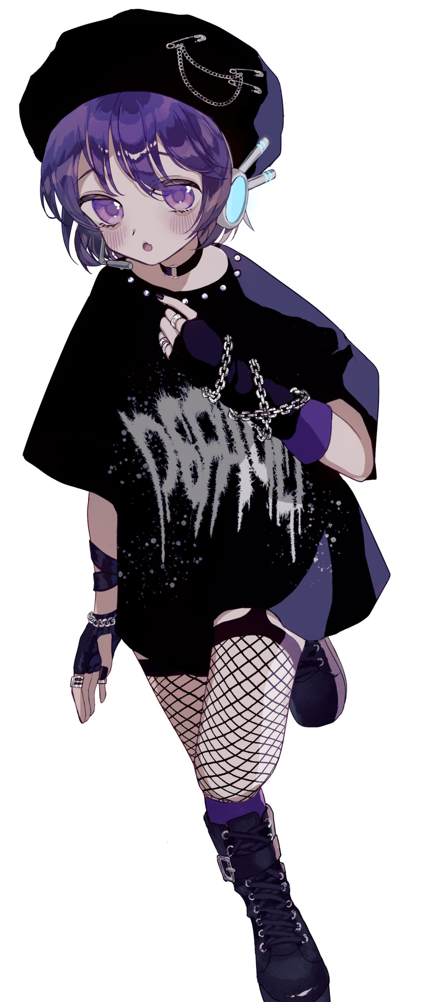 1girl, absurdres, alternate_costume, beret, boots, chain, choker, clothes_writing, elbow_gloves, fang, fingerless_gloves, fishnets, gloves, go_onnu, hat, headphones, highres, jewelry, leg_up, long_shirt, looking_at_viewer, open_mouth, purple_boots, purple_choker, purple_hair, purple_hat, purple_nails, purple_shirt, ring, shirt, short_hair, simple_background, skin_fang, solo, utane_uta, utau, violet_eyes, white_background