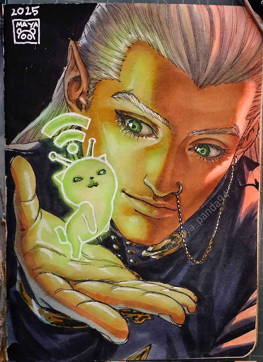 1boy, 2025, antennae, black_background, blue_coat, chain, close-up, coat, colored_skin, dated, diamond_wa_kudakenai, ear_piercing, face_piercing, gakuran, glorp, green_eyes, green_skin, hazekura_mikitaka, highres, jojo_no_kimyou_na_bouken, long_hair, male_focus, marker_(medium), maya_panda, nose_piercing, nose_ring, photo_(medium), piercing, pointy_ears, portrait, school_uniform, signature, smile, solo, traditional_media, upper_body, white_hair, yellow_skin