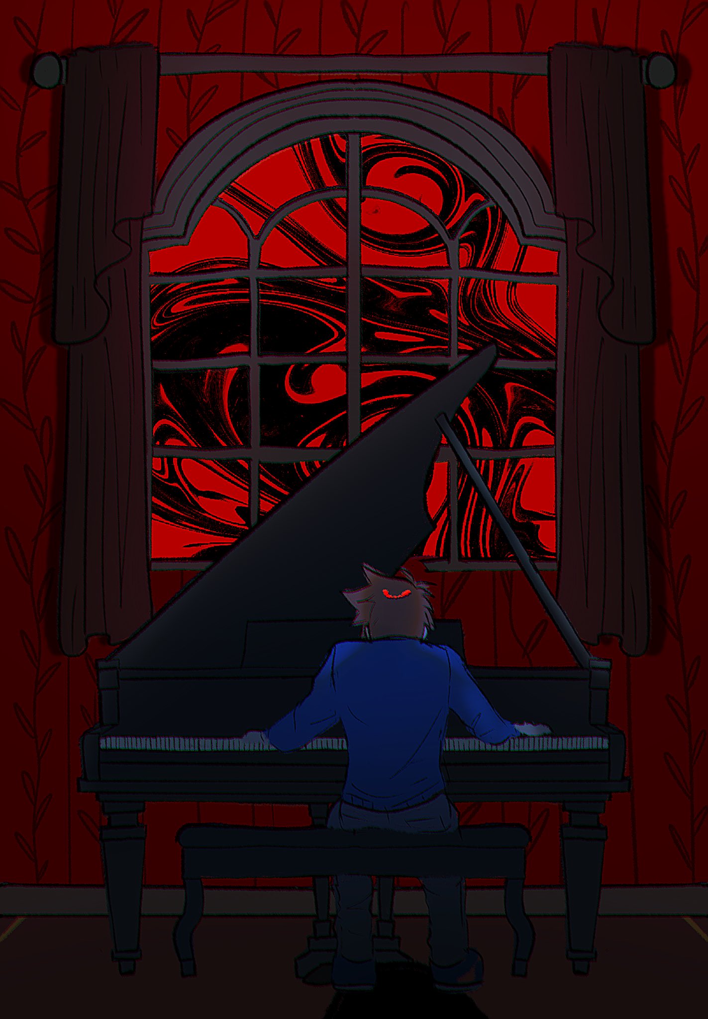 1boy, abstract_background, antenna_hair, black_sky, blue_sweater, brown_hair, chromatic_aberration, curtains