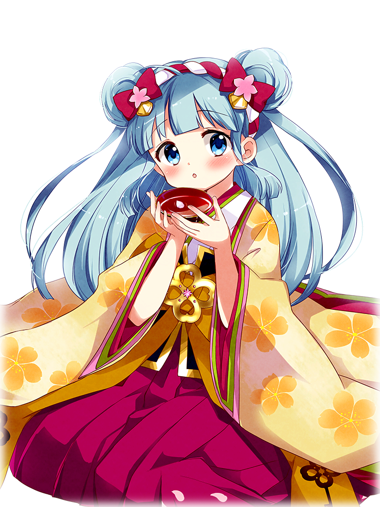 1girl, alcohol, aqua_hair, blue_eyes, blunt_bangs, bow, clea_(kirara_fantasia), double_bun