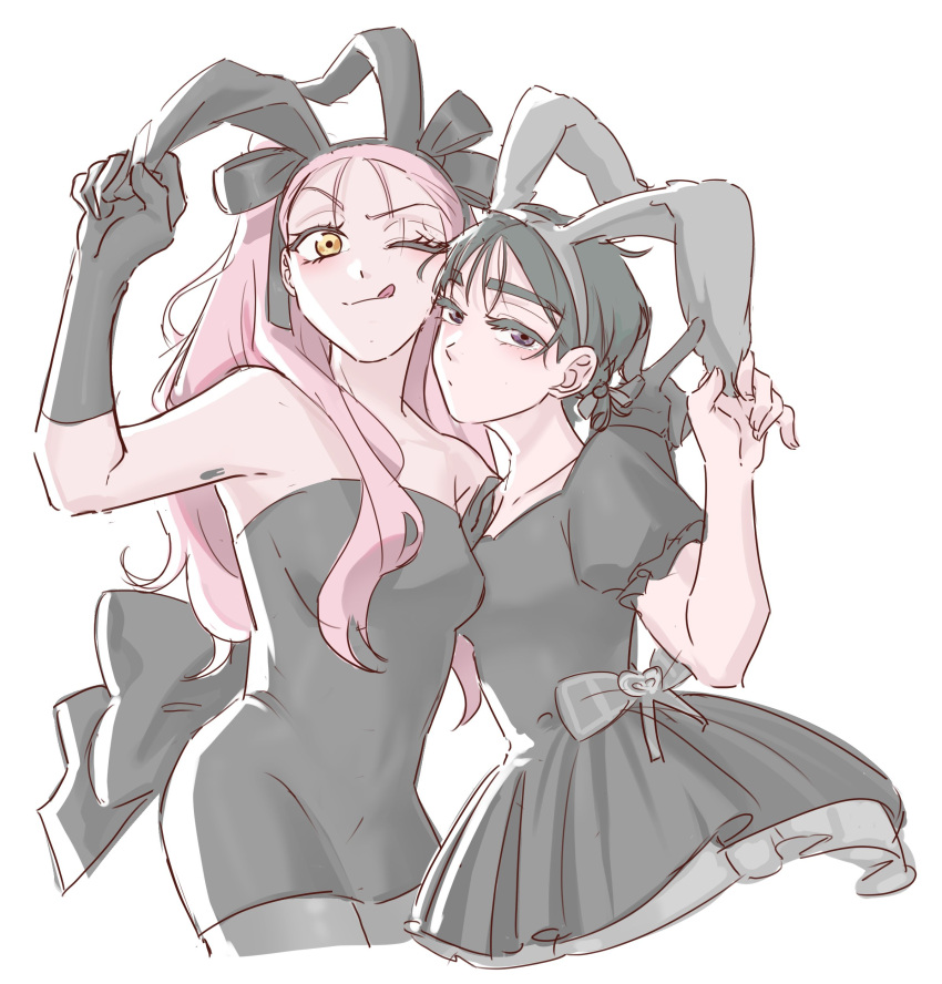 2girls, ;q, absurdres, alien_stage, alternate_costume, animal_ears, arm_tattoo, black_dress
