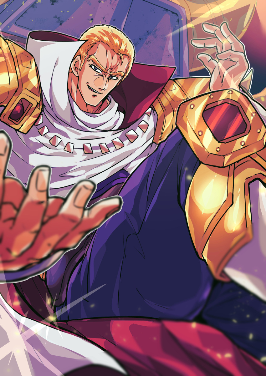 1boy, absurdres, armor, blonde_hair, blurry, cape, commentary_request, depth_of_field