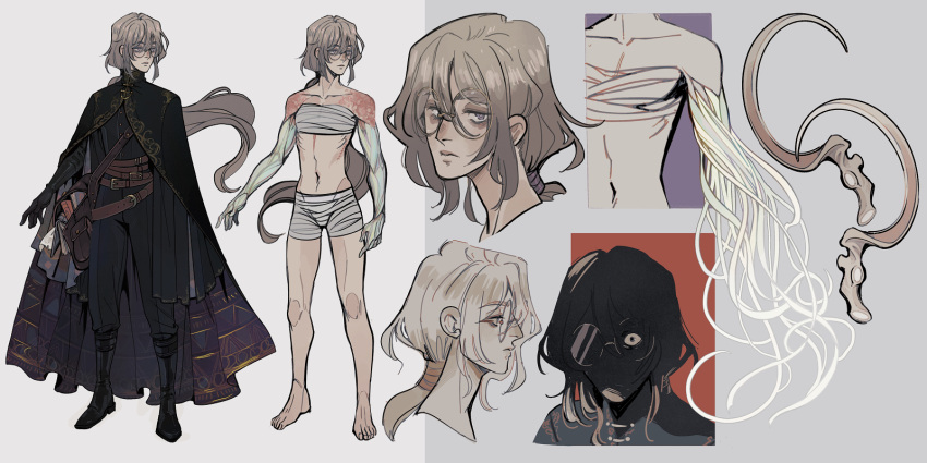 1boy, androgynous, bag, bandaged_chest, bandaged_waist, bandages, barefoot, belt