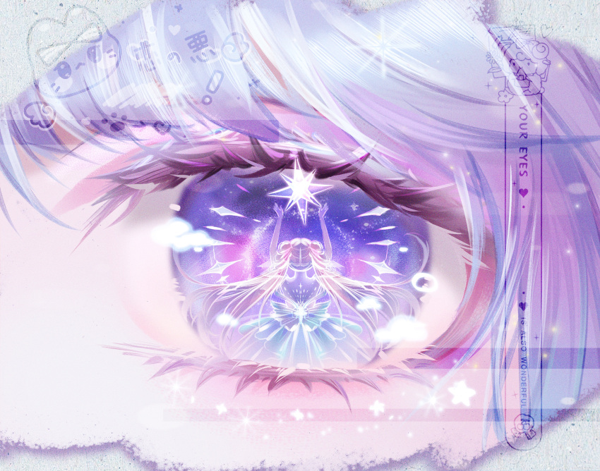 1girl, back_bow, beibei-nuliqinggaoban, bow, close-up, commission, double_bun, dress, eye_focus, eye_reflection, floating_hair, grey_dress, guides_of_star_(shining_nikki), hair_bun, highres, light_particles, long_dress, long_hair, nikki_(series), pink_hair, reflection, reflection_focus, sample_watermark, shining_nikki, solo, space, star_(symbol), twintails, very_long_hair, watermark