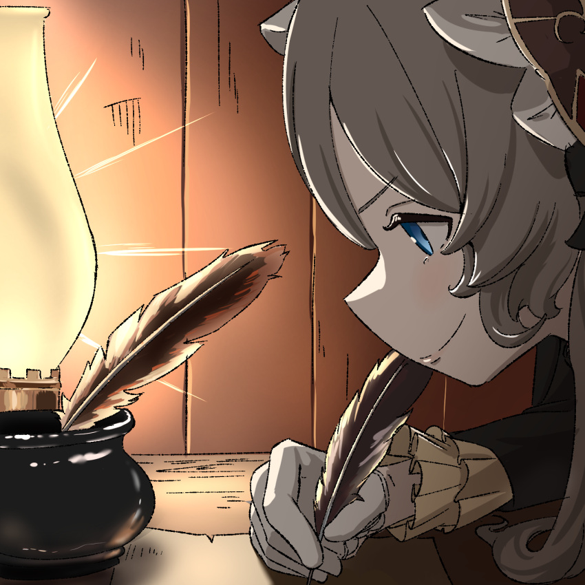 1girl, blackbeard_writing_(meme), blue_eyes, commentary, english_commentary, frilled_sleeves, frills, from_side, genshin_impact, gloves, grey_hair, highres, holding, holding_quill, long_hair, mayngomay, meme, profile, quill, sandrone_(genshin_impact), solo, white_gloves