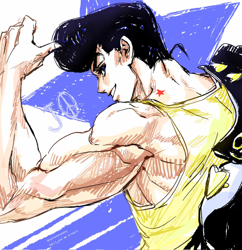 1boy, biceps, birthmark, black_hair, black_jacket, blue_eyes, book_cover_redraw, derivative_work, diamond_wa_kudakenai, flexing, from_behind, hashtag-only_commentary, higashikata_josuke, highres, jacket, jacket_on_shoulders, joestar_birthmark, jojo_no_kimyou_na_bouken, looking_back, male_focus, muscular, muscular_male, pompadour, santamanymany, smile, solo, tank_top, teeth, thumbs_up, yellow_tank_top