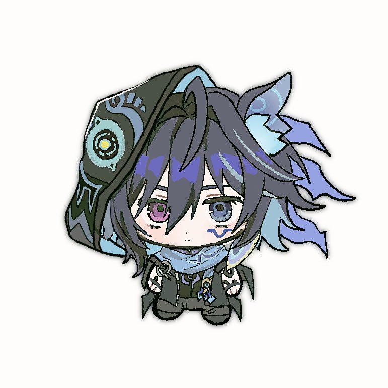 1boy, animal_ears, aqua_scarf, bat_boy, bat_ears, black_pants, blue_hair, chibi