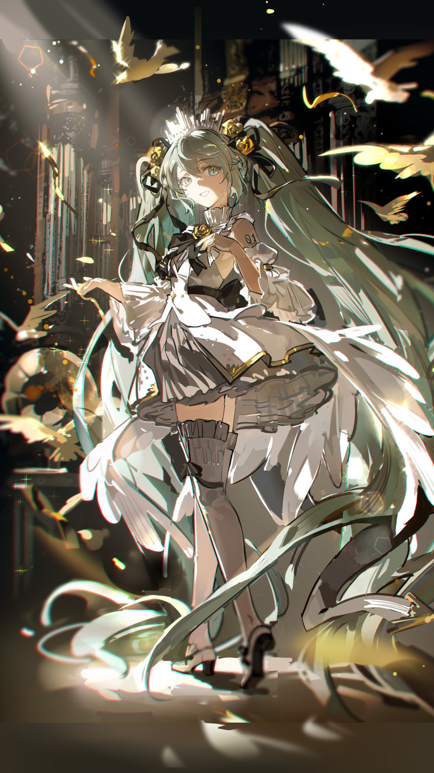 1girl, absurdly_long_hair, absurdres, aqua_eyes, aqua_hair, back_bow, bare_shoulders, bird