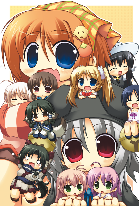 6+girls, ahoge, animal_ears, antenna_hair, aruruu, bare_shoulders, bell, bike_shorts