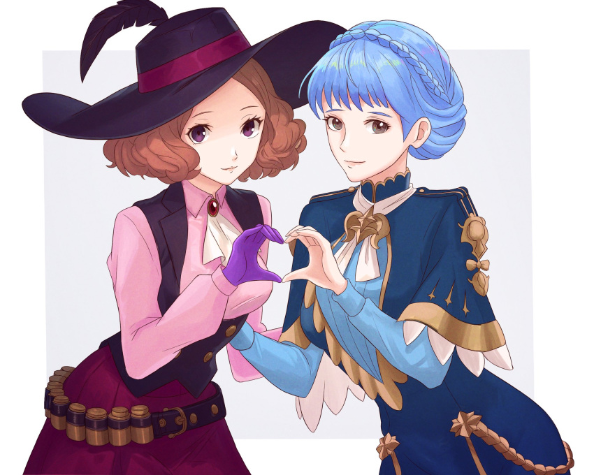 2girls, ascot, atlus, belt, black_feathers, blue_capelet, blue_dress, blue_hair, braid, breasts, brown_eyes, brown_hair, capelet, cavalier_hat, closed_mouth, commission, crown_braid, dress, feathers, fire_emblem, fire_emblem:_three_houses, gloves, hat, hat_feather, heart, heart_hands, highres, intelligent_systems, jewelry, long_sleeves, looking_at_viewer, marianne_von_edmund, marianne_von_edmund_(timeskip), medium_breasts, megami_tensei, multiple_girls, nintendo, noir_(persona_5), okumura_haru, persona, persona_5, pink_shirt, purple_gloves, second-party_source, sega, shirt, short_hair, simple_background, smile, truejekart, vest, violet_eyes, voice_actor_connection, white_ascot, xanthe_huynh