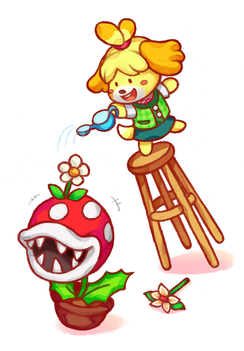 1girl, animal_crossing, black_eyes, daisy_(flower), dog, flower, full_body, furry