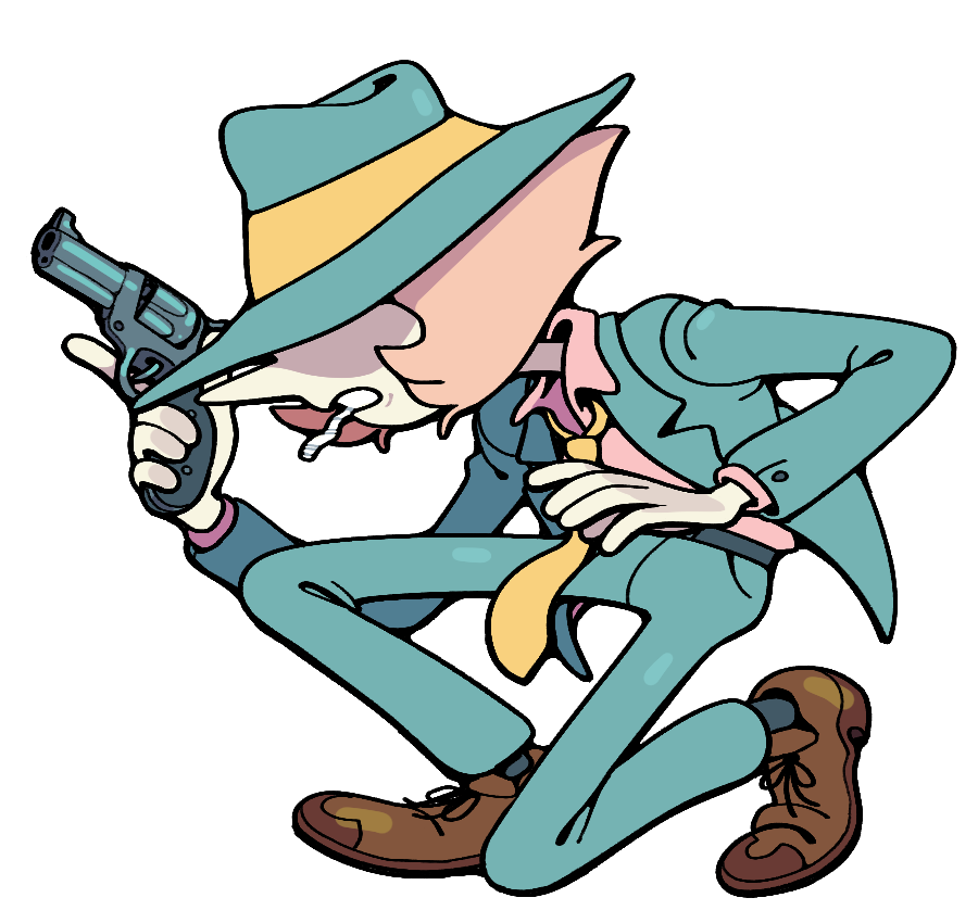 1girl, brown_shoes, cosplay, discount-supervillain, fedora, formal_clothes, gun, hat