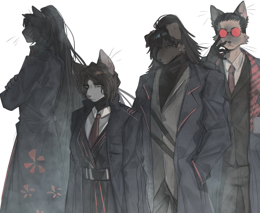 1girl, 3boys, animal_ears, aseah_(project_moon), black_coat, black_hair, black_shirt, black_vest