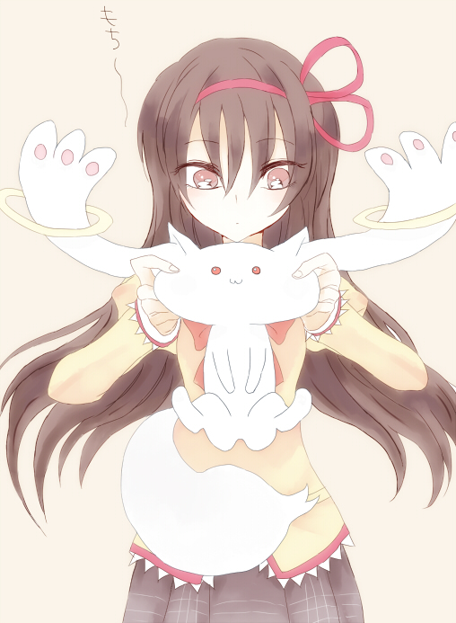 :3, akemi_homura, black_hair, confure, hair_ribbon, kyubey, long_hair, mahou_shoujo_madoka_magica