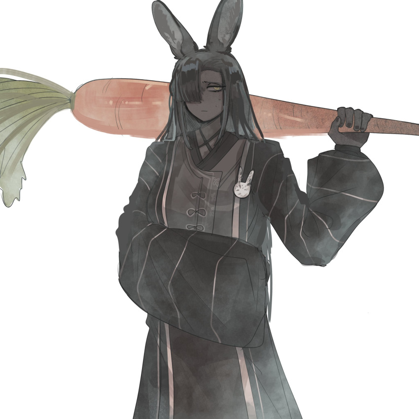 1girl, animal_ears, black_hair, black_hanfu, carrot, chinese_clothes, dark-skinned_female, dark_skin