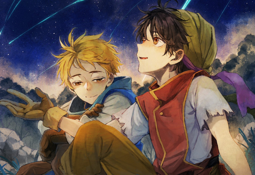 2boys, bandana, black_hair, blonde_hair, gensou_suikoden, gensou_suikoden_i, gloves, highres