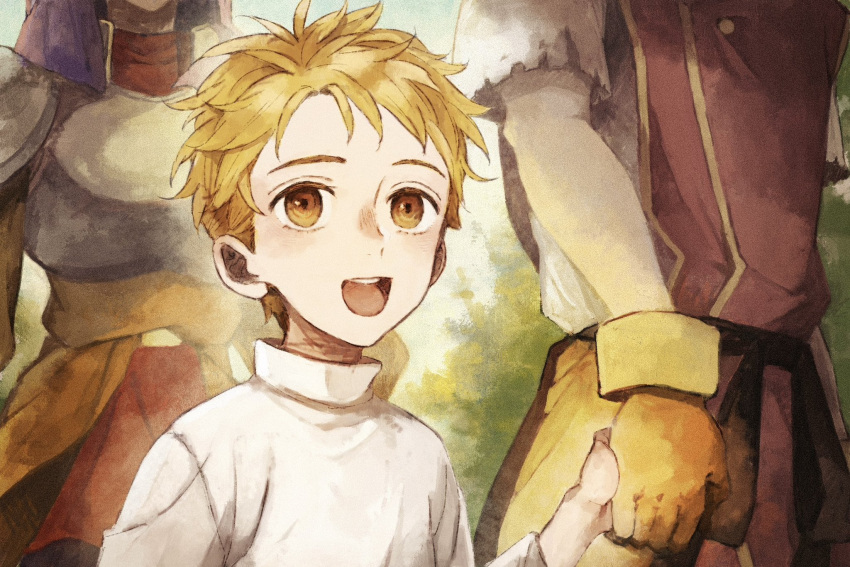 1girl, 2boys, aged_down, armor, blonde_hair, child, cleo_(suikoden), gensou_suikoden
