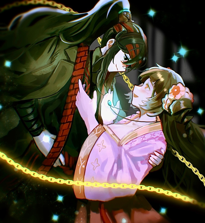 1boy, 1girl, bandage_over_one_eye, black_background, black_eyes, black_hair, black_hanfu, breasts