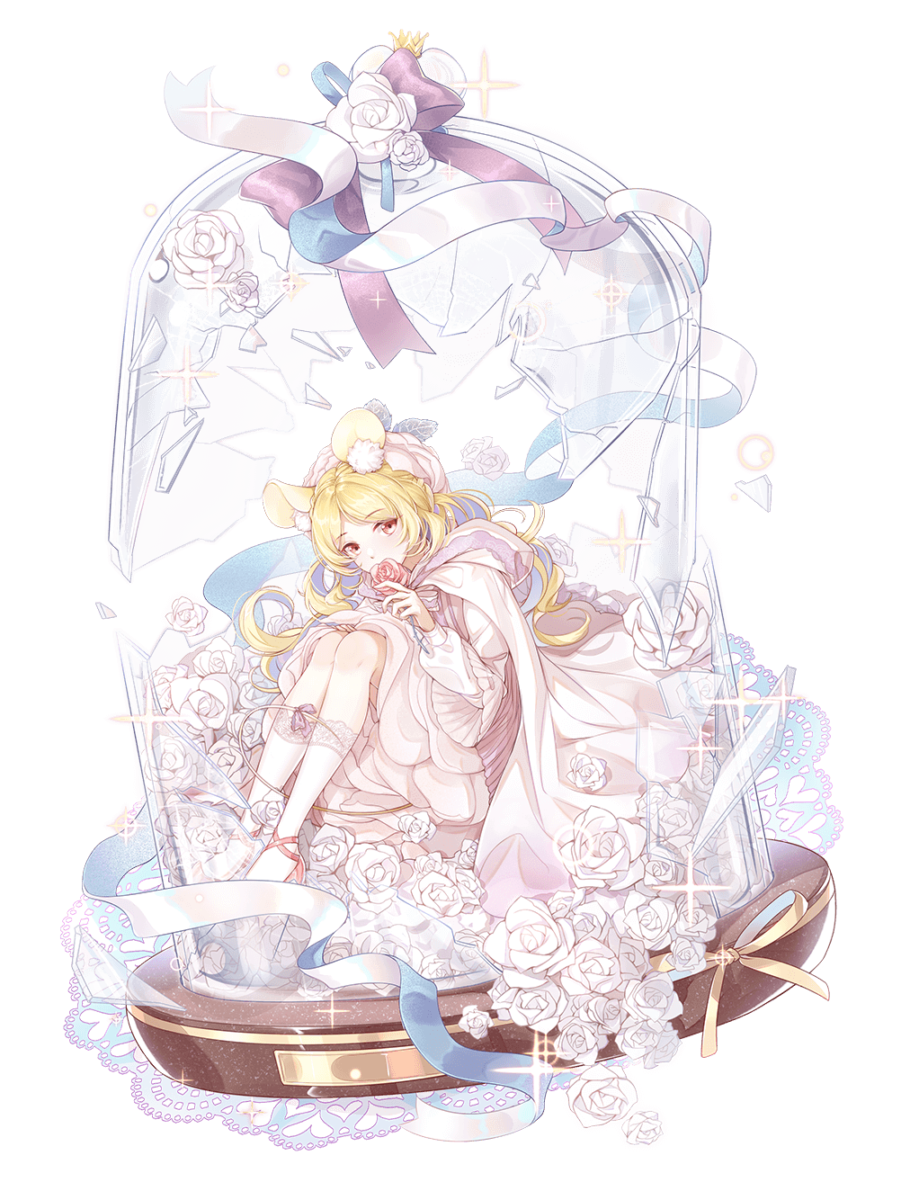 1girl, animal_ear_fluff, animal_ears, blonde_hair, blue_hair, broken_glass, cheese_(food_fantasy), colored_inner_hair