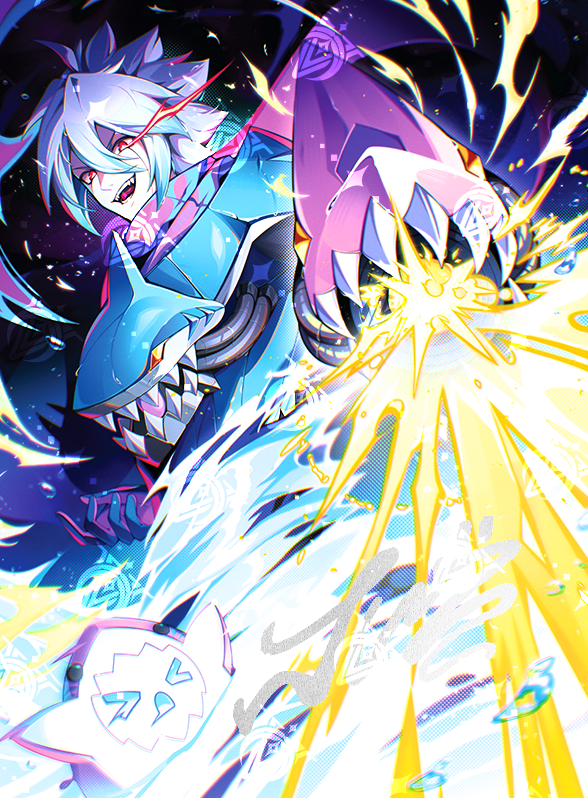 1boy, blue_hair, colored_tips, cy_yu, cyborg, firing, gloves, hair_between_eyes