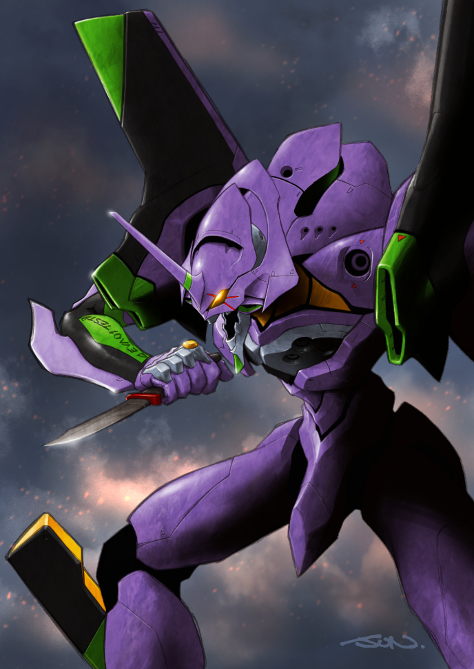 commentary_request, eva_01, evangelion_(mecha), feet_out_of_frame, glowing, glowing_eye, holding, holding_knife
