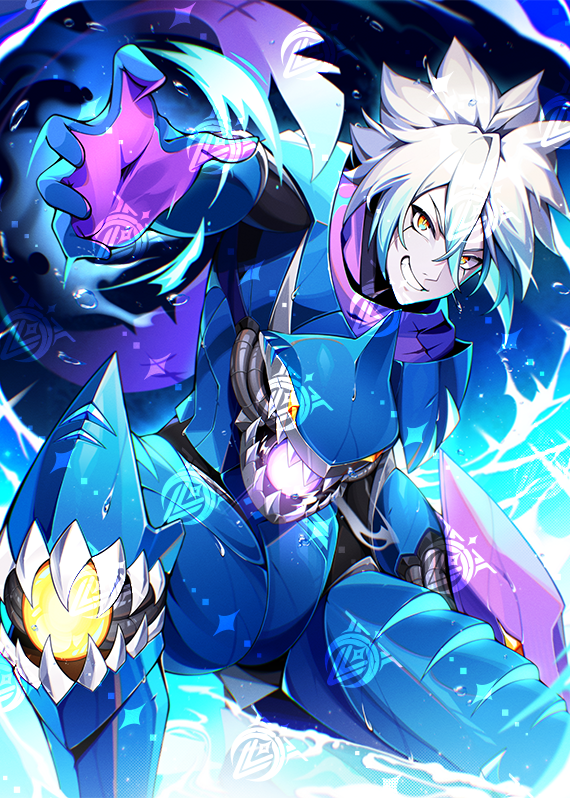 1boy, blue_gloves, blue_hair, colored_tips, cy_yu, cyborg, gloves, hair_between_eyes