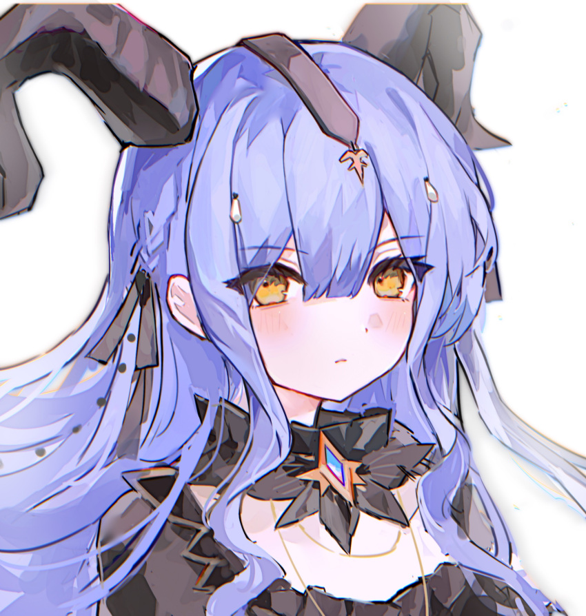 1girl, arknights, bang_dream!, bang_dream!_it's_mygo!!!!!, black_horns, black_ribbon, blue_hair, blunt_bangs