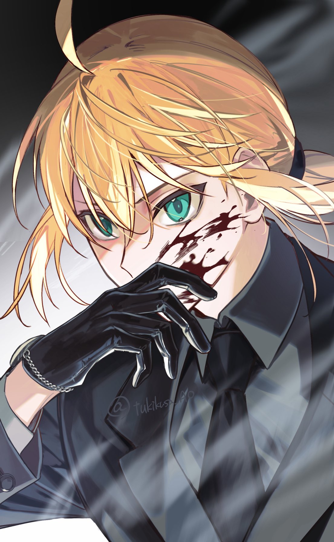 1girl, ahoge, artoria_pendragon_(fate), black_gloves, black_necktie, black_suit, blonde_hair, blood, blood_on_face, collared_shirt, commentary_request, covering_own_mouth, fate/zero, fate_(series), floating_hair, gloves, green_eyes, grey_shirt, hair_between_eyes, highres, long_hair, long_sleeves, necktie, official_alternate_costume, ponytail, saber_(fate), saber_(fate/zero), shirt, sidelocks, solo, suit, tsukikusa_ao, twitter_username