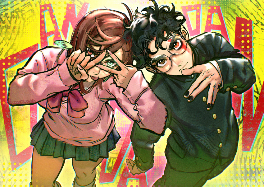1boy, 1girl, absurdres, aqua_eyes, ayase_momo, black_hair, black_jacket, black_nails