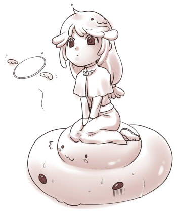 1girl, :3, acolyte_(ragnarok_online), capelet, closed_mouth, commentary_request, dress, expressionless, full_body, greyscale, halo, long_sleeves, lowres, monochrome, poring, ragnarok_online, simple_background, sitting, slime_(creature), solo, susukinohukurou, wariza, winged_halo