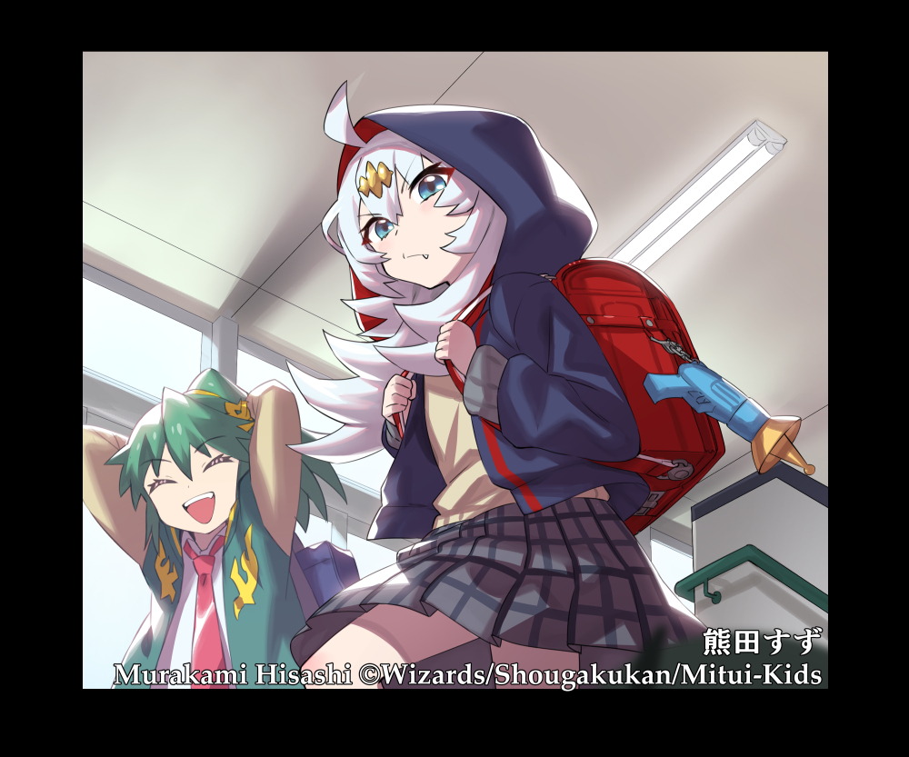 2girls, ahoge, artist_name, backpack, bag, black_border, black_hoodie, black_skirt