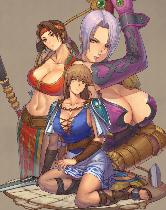 3girls, aqua_eyes, arm_up, bangs, blonde_hair, blue_eyes, breasts, brown_hair
