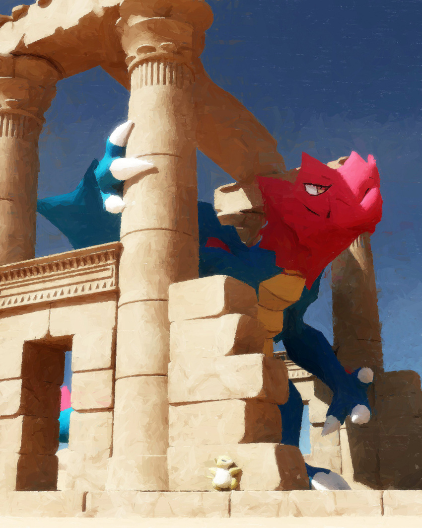 absurdres, arm_up, blue_sky, claws, closed_mouth, commentary, druddigon, english_commentary