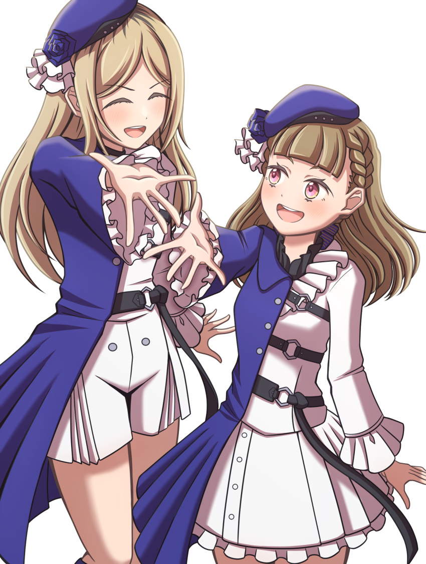2girls, :d, ^_^, beret, black_bow, black_hair, blue_coat, blue_flower