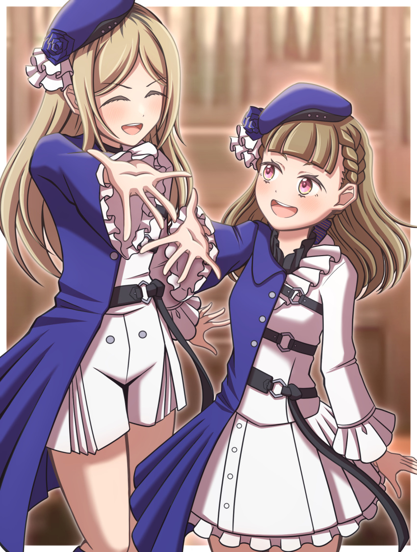 2girls, :d, ^_^, beret, black_bow, black_hair, blue_coat, blue_flower