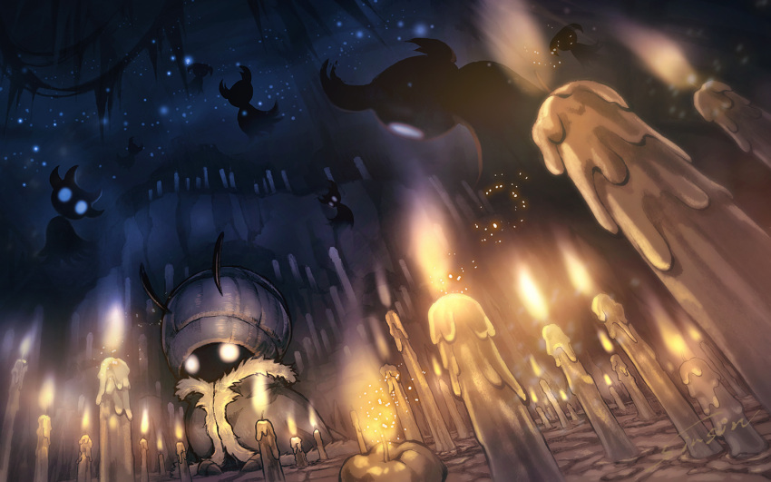 1girl, 6+others, antennae, arthropod_girl, candle, commentary_request, confessor_jiji, darkness, fire, floating, grey_cloak, hollow_knight, mamoru_mikokoro, multiple_others, shade_(hollow_knight), signature