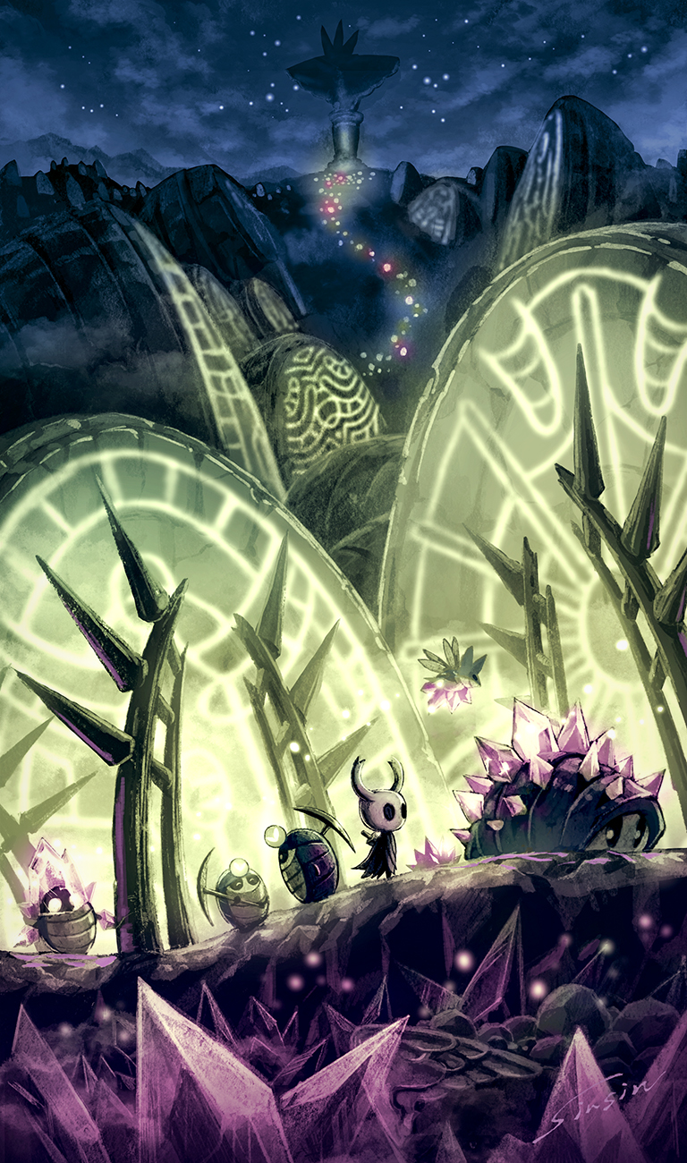 bug, closed_mouth, commentary_request, crystal, crystal_guardian_(hollow_knight), crystal_hunter_(hollow_knight), flying, glimback_(hollow_knight)